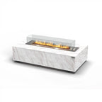Planika Cabo bioethanol firaplace table with a frame of Cosentino dekton marble plates in Daze or Laurent finish
