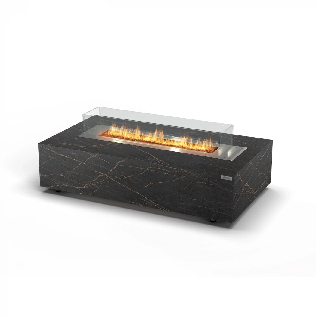 Planika Cabo bioethanol firaplace table with a frame of Cosentino dekton marble plates in Daze or Laurent finish