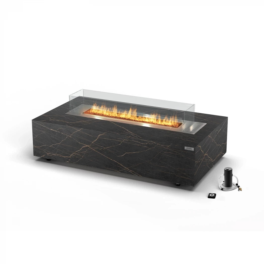 Planika Cabo bioethanol firaplace table with a frame of Cosentino dekton marble plates in Daze or Laurent finish