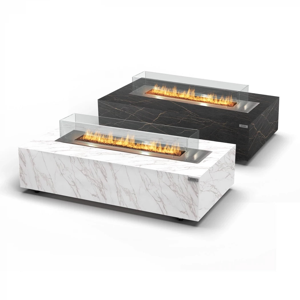 Planika Galaxy Table - outdoor gas fireplace table fire pit with black or white Dekton marble finish