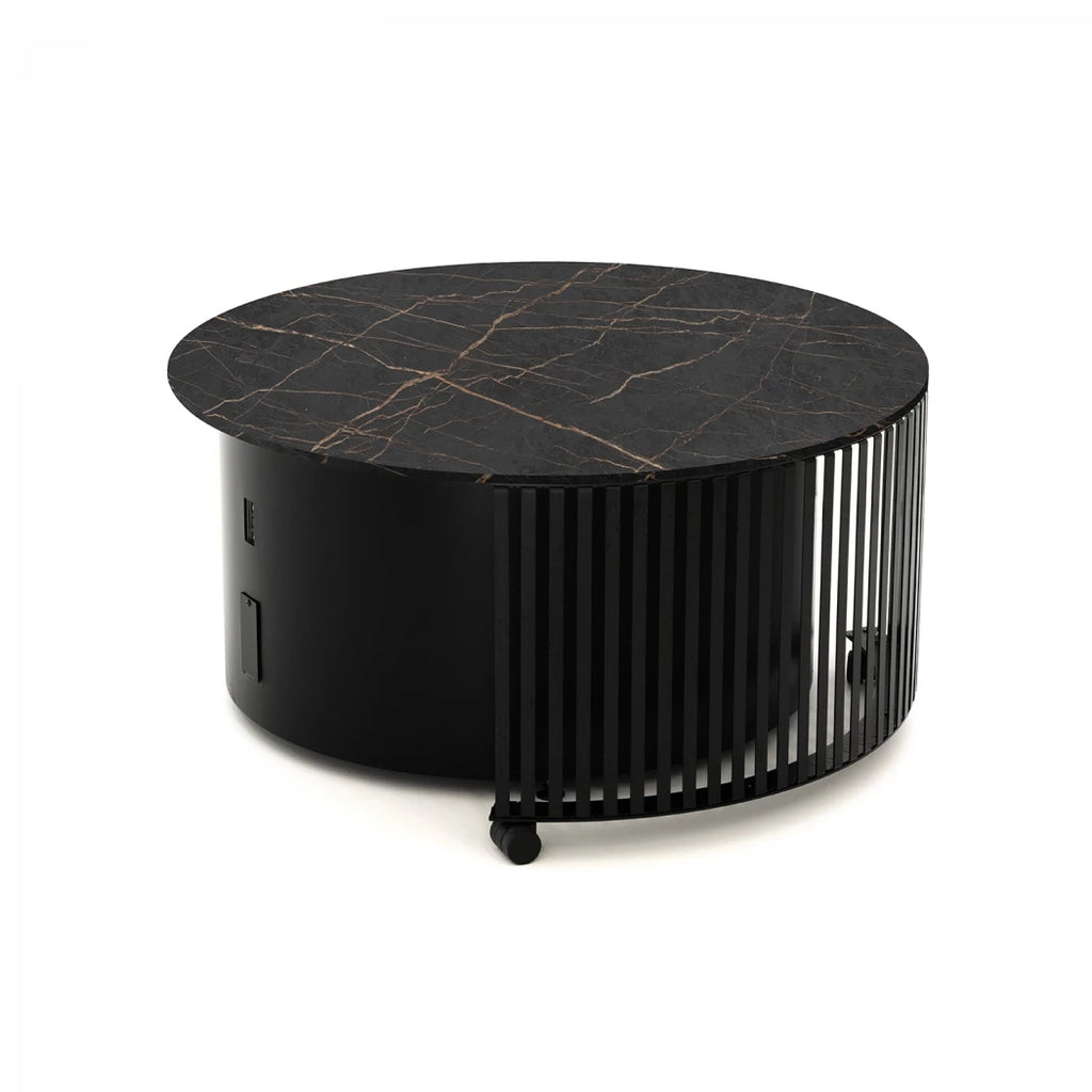 Planika Pivot outdoor patio fire pit table with a Dekton Marble finish in black or white