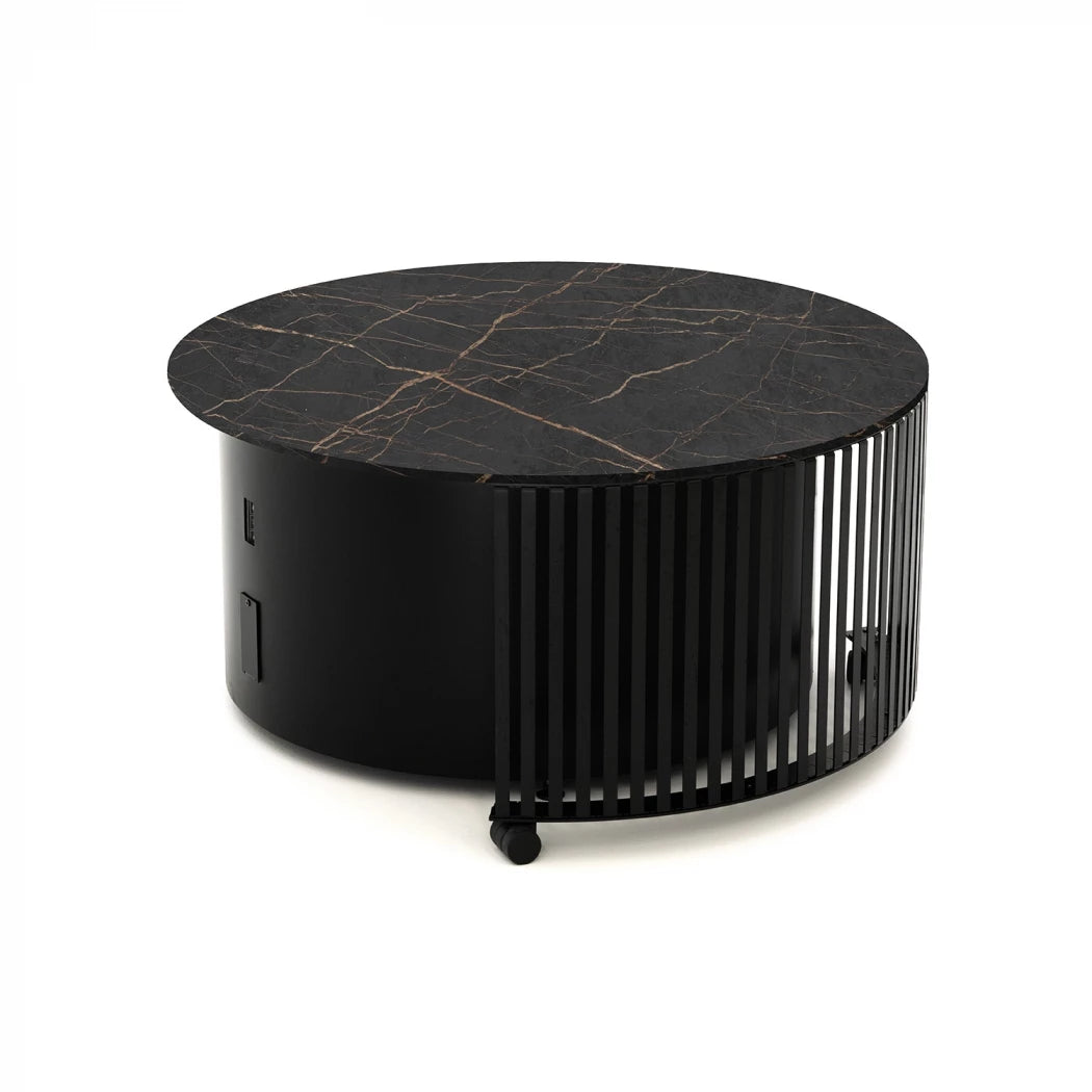 Planika Pivot outdoor patio fire pit table with a Dekton Marble finish in black or white