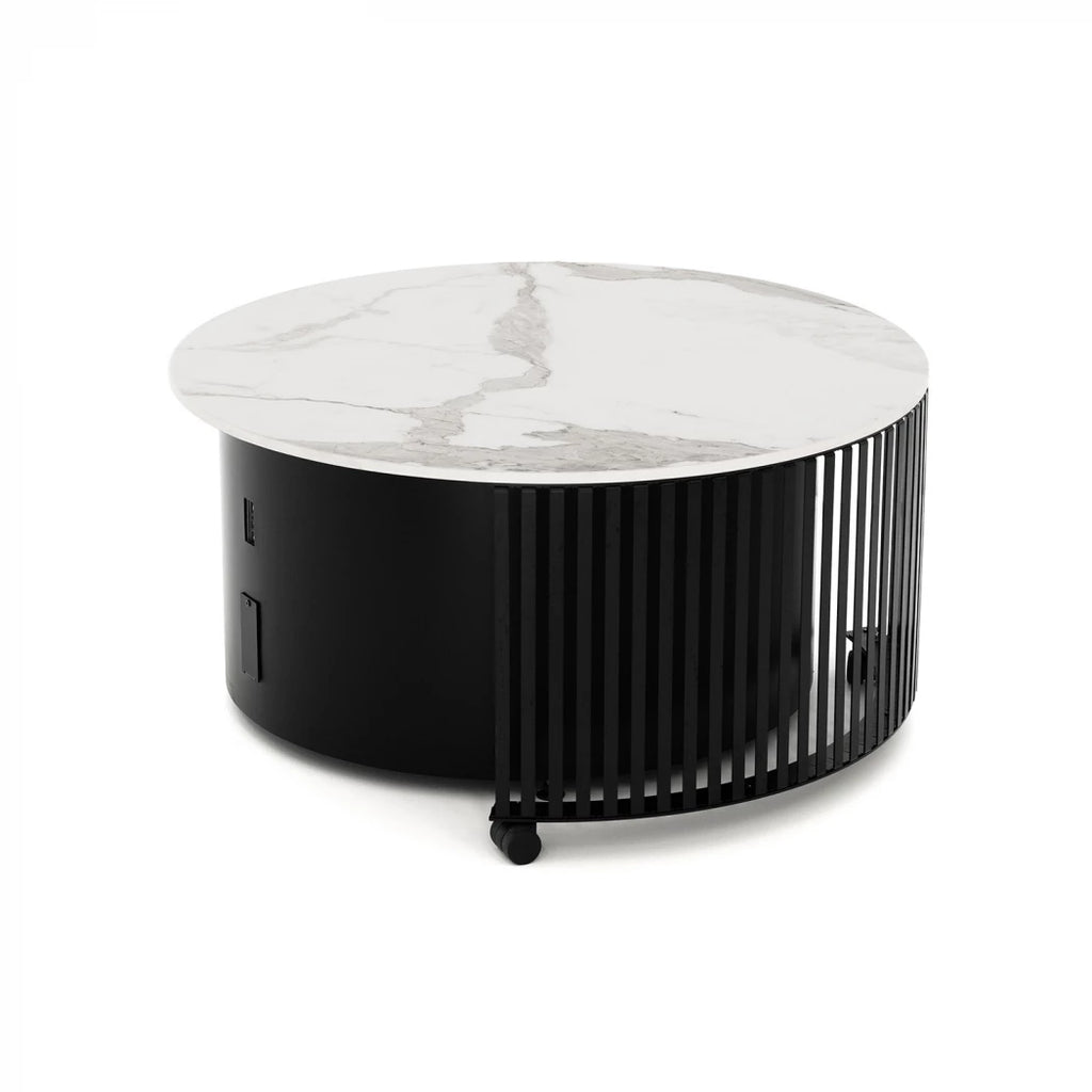 Planika Pivot outdoor patio fire pit table with a Dekton Marble finish in black or white