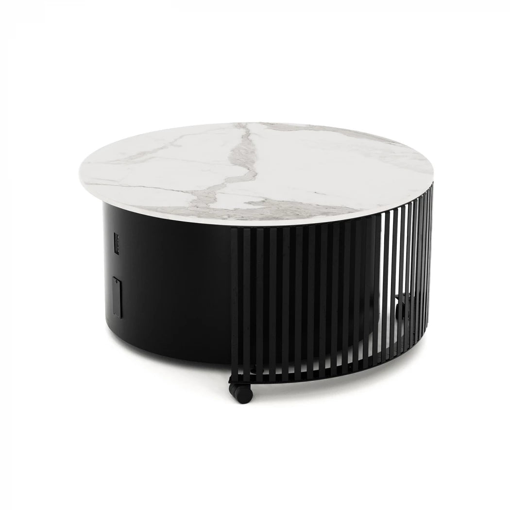 Planika Pivot outdoor patio fire pit table with a Dekton Marble finish in black or white