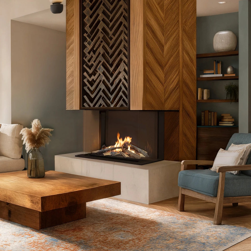 Planika Sono Three-Sided bioethanol fireplace with three glass sides and black finish on white background