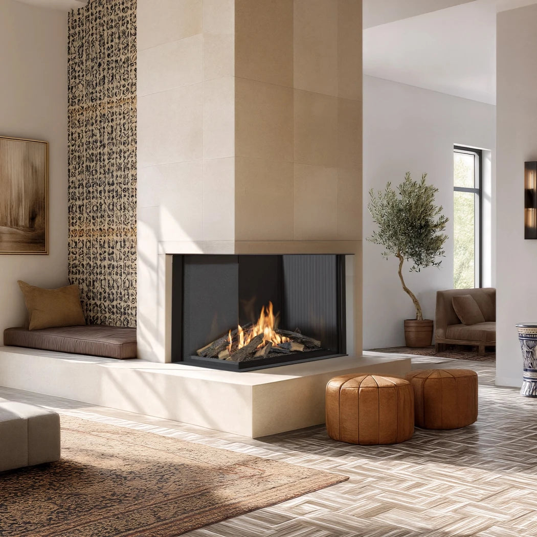 Planika Sono Left Corner bioethanol fireplace with left-side flame view and black finish on white background