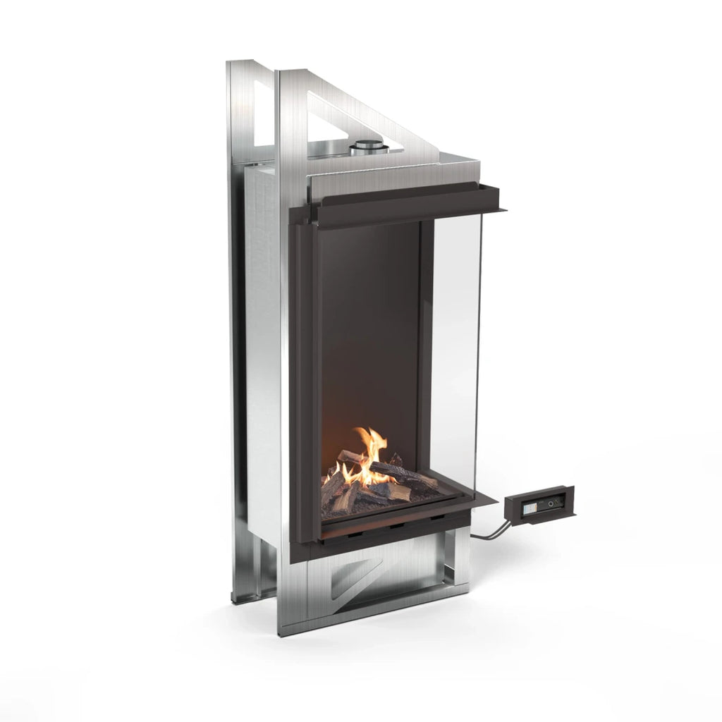 Planika Vitro Right Corner glass-enclosed bioethanol fireplace with black finish on white background