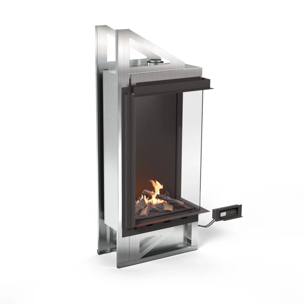 Planika Vitro Right Corner glass-enclosed bioethanol fireplace with black finish on white background