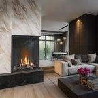 Planika Vitro Right Corner glass-enclosed bioethanol fireplace with black finish on white background