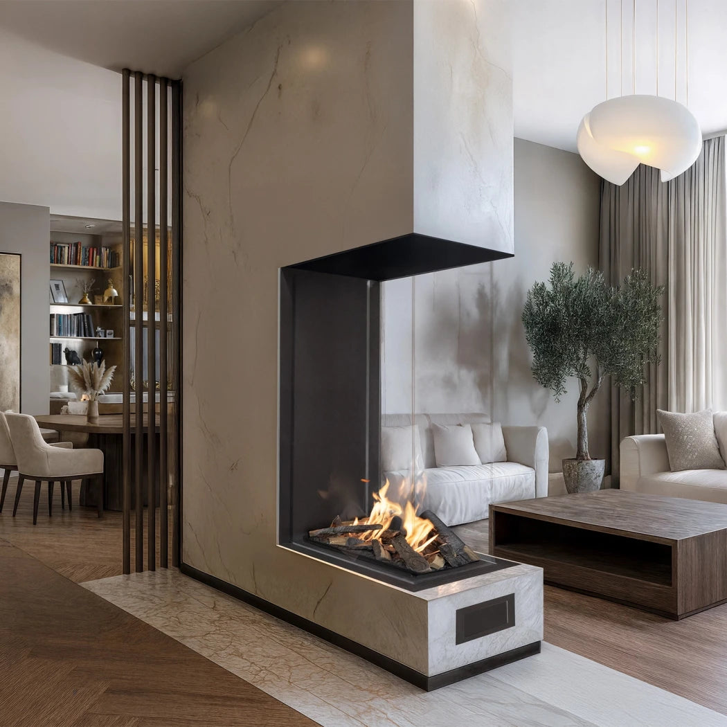 Planika Vitro Room Divider three-sided glass bioethanol fireplace with black finish on white background