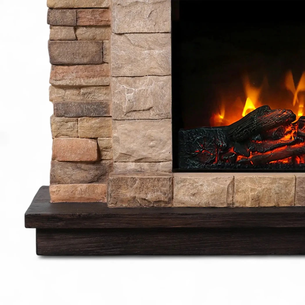 ScandiFlames Eira freestanding electric fireplace with stone mantel, brown finish