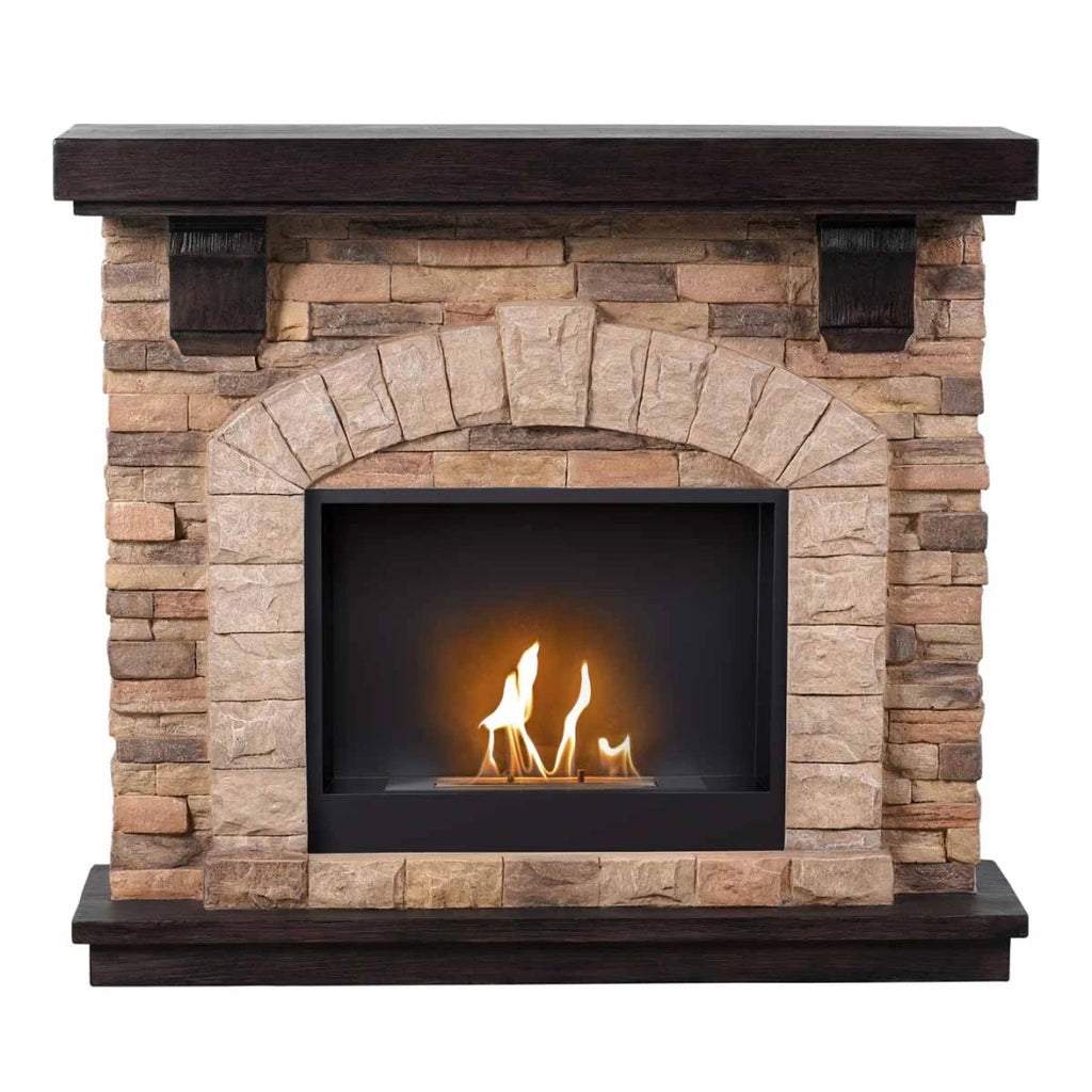ScandiFlames Eira freestanding bioethanol fireplace with brick-effect brown polystone surround and Surtur 23 inch insert