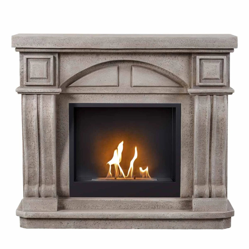ScandiFlames Logi freestanding bioethanol fireplace with grey and white polystone surround and Surtur 23 inch insert
