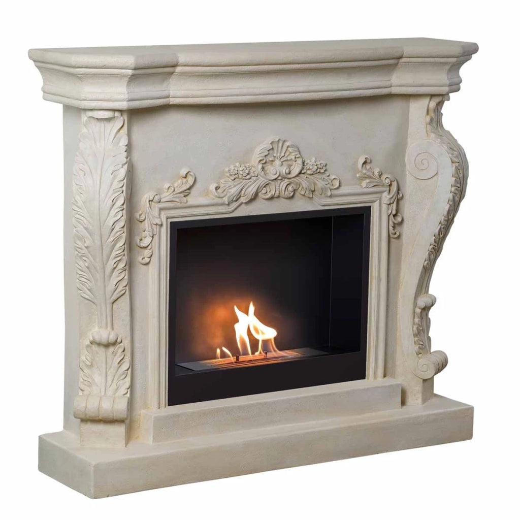 Ymir freestanding bioethanol fireplace with grey polystone surround