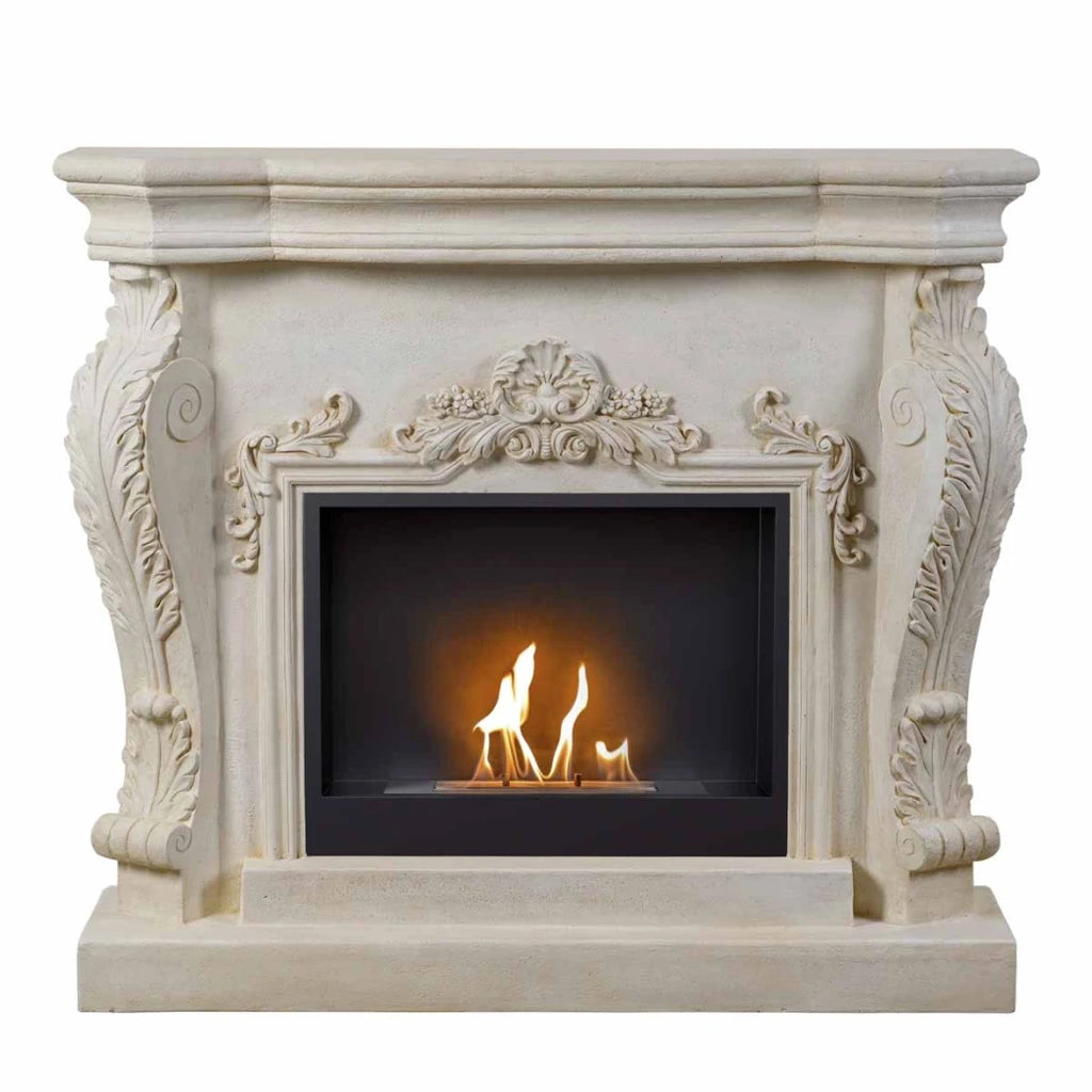 Ymir freestanding bioethanol fireplace with grey polystone surround