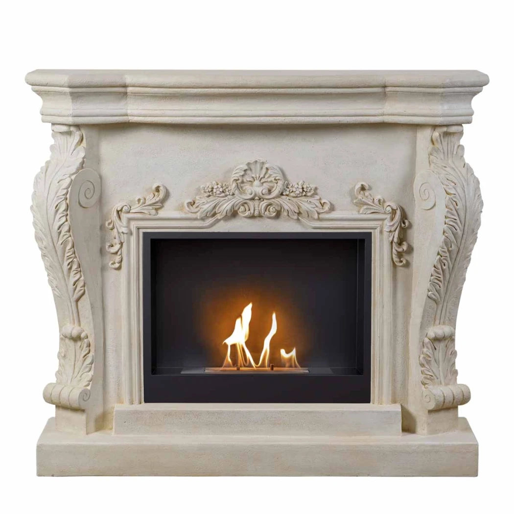 Ymir freestanding bioethanol fireplace with grey polystone surround