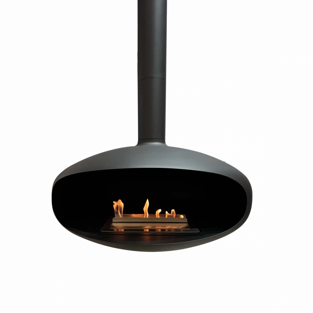 Icon Fires The ICONIC large black ceiling mounted bioethanol fireplace with a diameter of 90 cm
