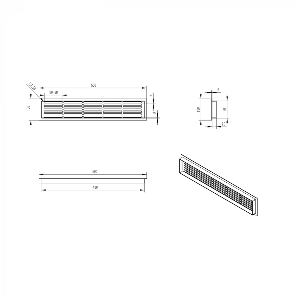 Ventilation Grille Black - 50x10 cm with a ventilation area of 214 cm²